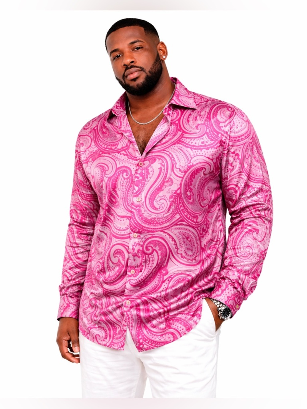 Leonardi Men's Pink Paisley Long-Sleeve Button-Down Shirt Size XL